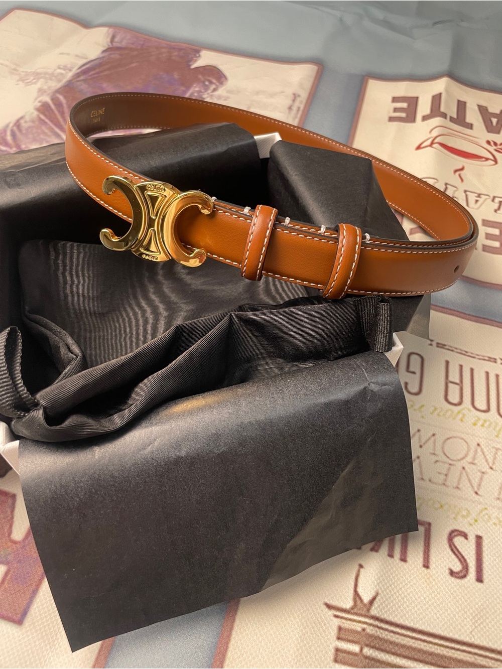 Celine Brown Leather Belt with Gold Triomphe Buckle Size 85cm
